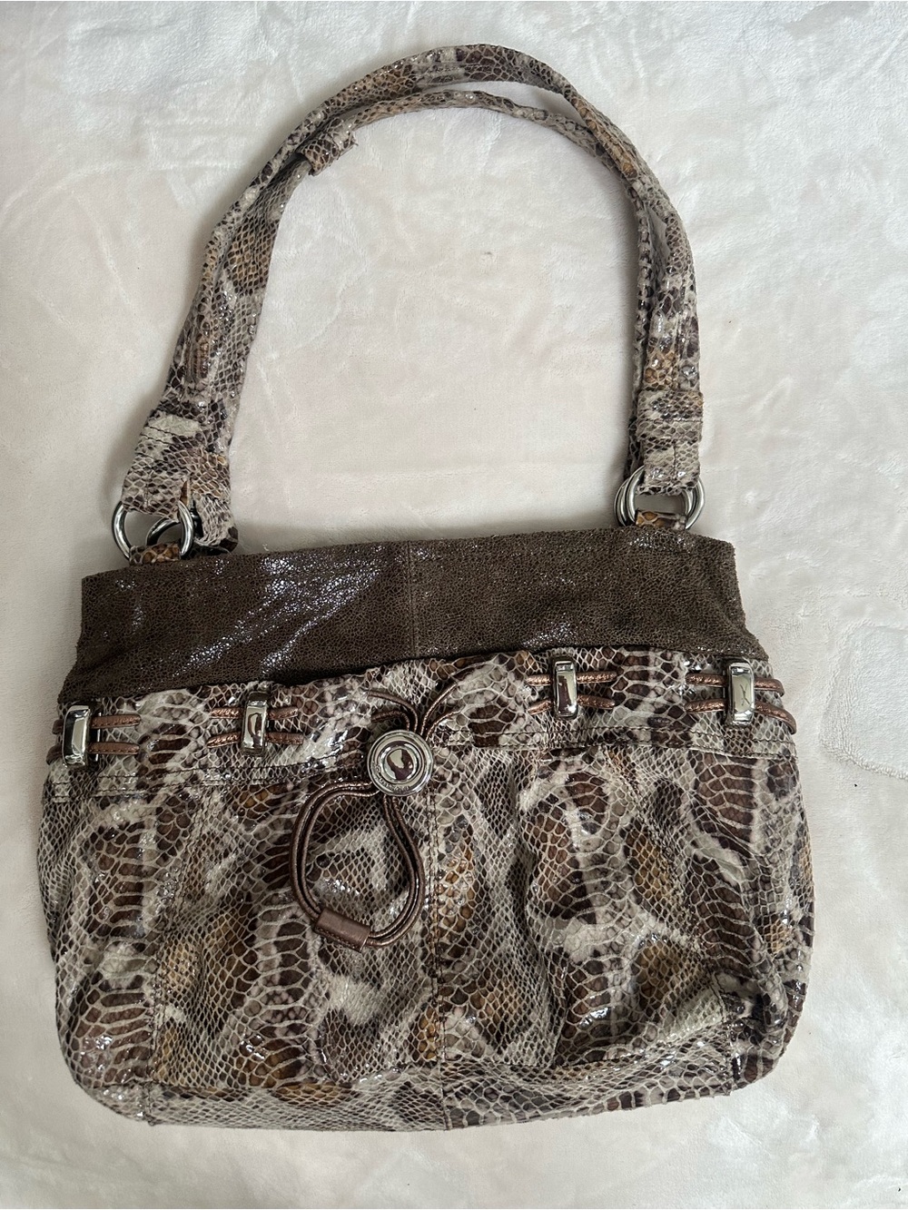 b. makowsky Brown and Cream Snake-Print Shoulder Bag